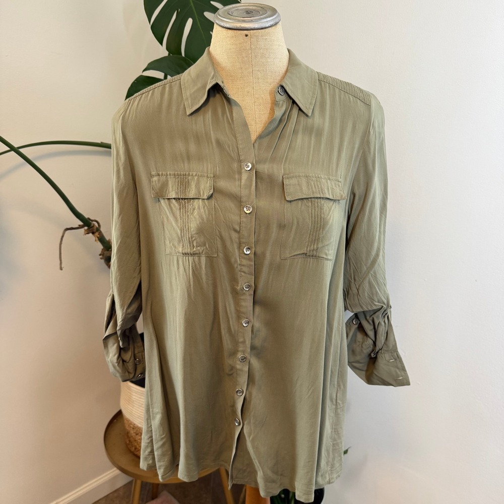 Chico's Button Down Shirt Women 0 Petite Olive Green‎ Roll Tab Utility Blouse